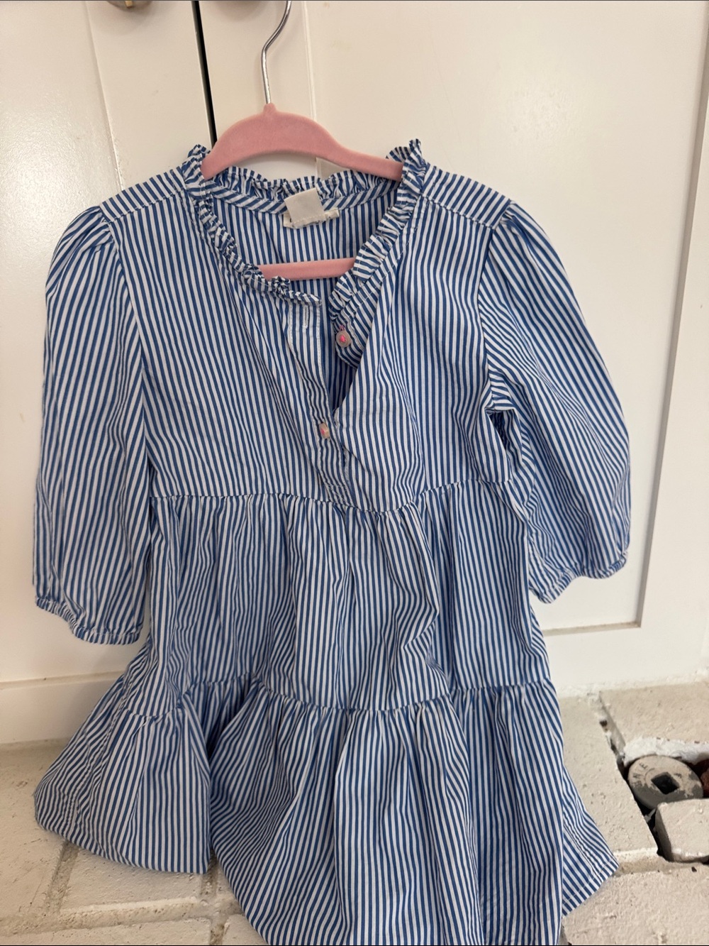 Crewcuts Blue & White Striped Ruffle Neck Tunic Top